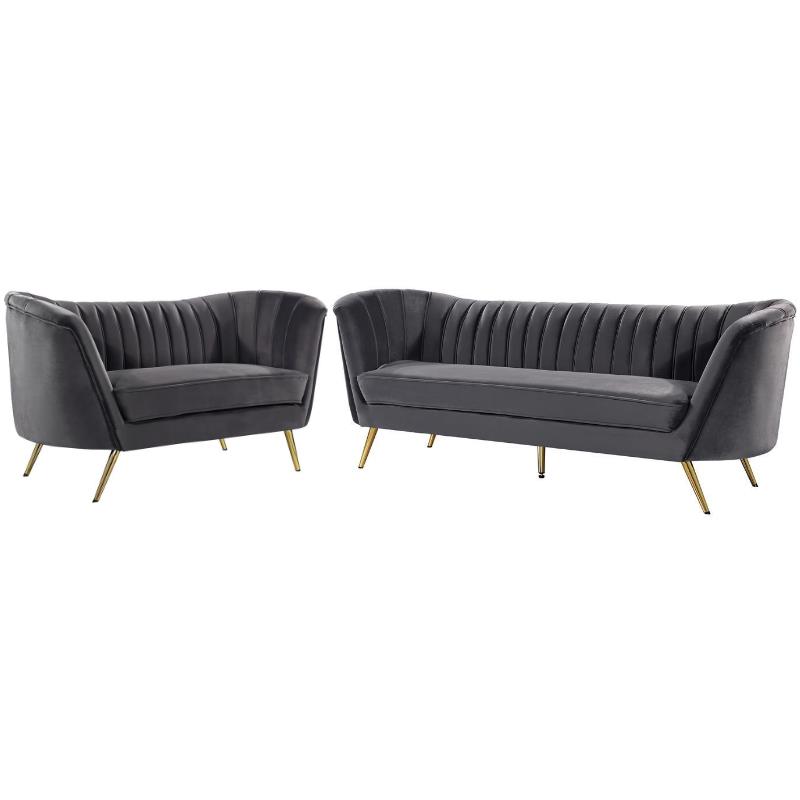 Home Square 2-Piece Set with Contemporary Velvet Loveseat & Sofa in Gray