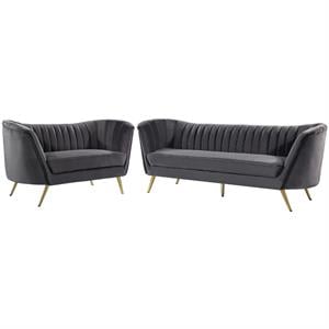Home Square 2-Piece Set with Contemporary Velvet Loveseat & Sofa in Gray
