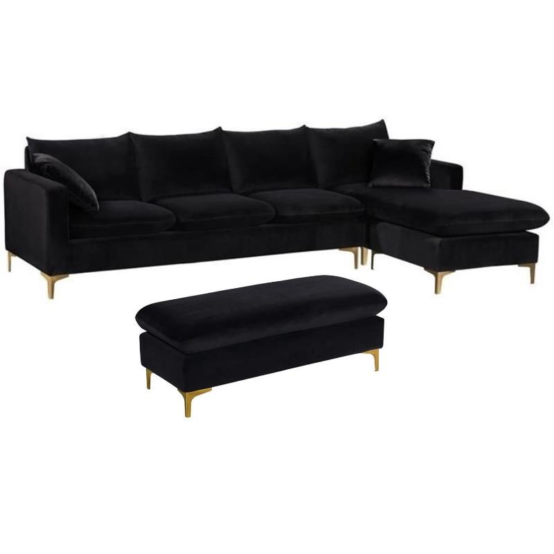 Home Square 2-Piece Set with Velvet Reversible Sectional and Ottoman in Black