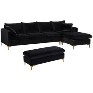 Home Square 2-Piece Set with Velvet Reversible Sectional and Ottoman in Black