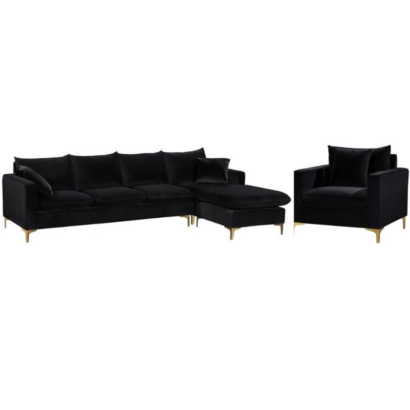 Home Square 2-Piece Set with Velvet Reversible Sectional & Accent Chair in Black