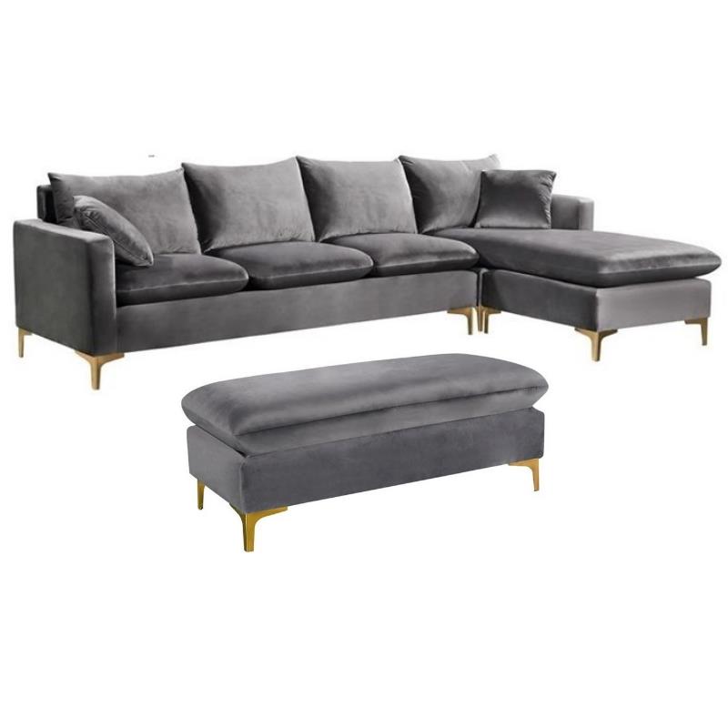 Home Square 2-Piece Set with Velvet Reversible Sectional and Ottoman in Gray