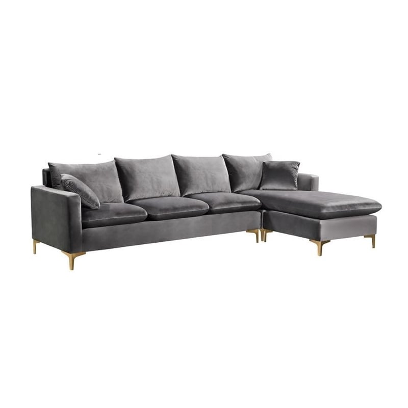 Home Square 2-Piece Set with Velvet Reversible Sectional & Accent Chair in Gray