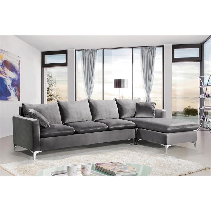 Home Square 2-Piece Set with Velvet Reversible Sectional & Accent Chair in Gray