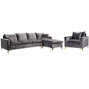 Home Square 2-Piece Set with Velvet Reversible Sectional & Accent Chair in Gray