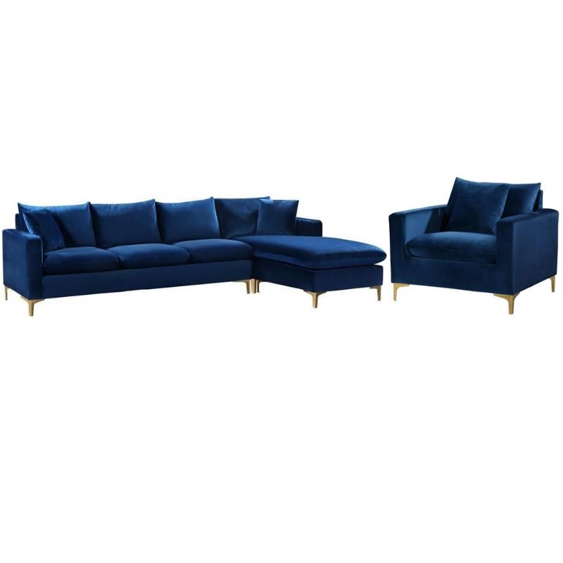 Home Square 2-Piece Set with Velvet Reversible Sectional & Accent Chair in Navy