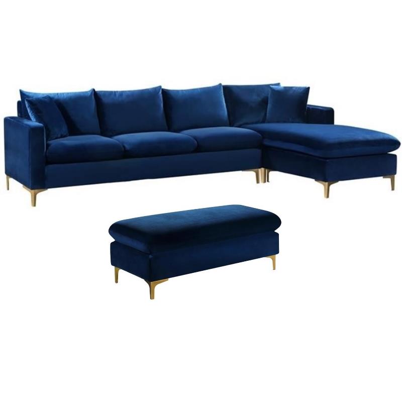 Home Square 2-Piece Set with Velvet Reversible Sectional and Ottoman in Navy