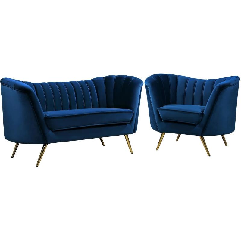 Home Square 2-Piece Set with Velvet Accent Chair & Loveseat in Navy and Gold