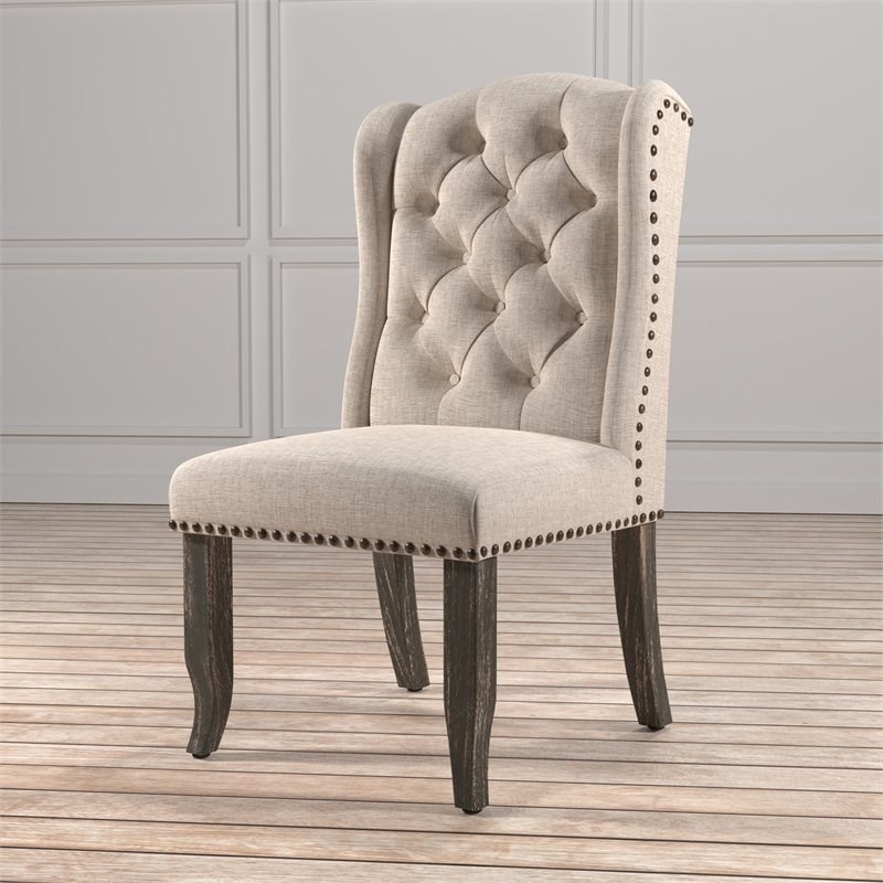 Sinuata 5-Piece Black and Beige Wood Dining Table and 2 Tufted Side Chair Set