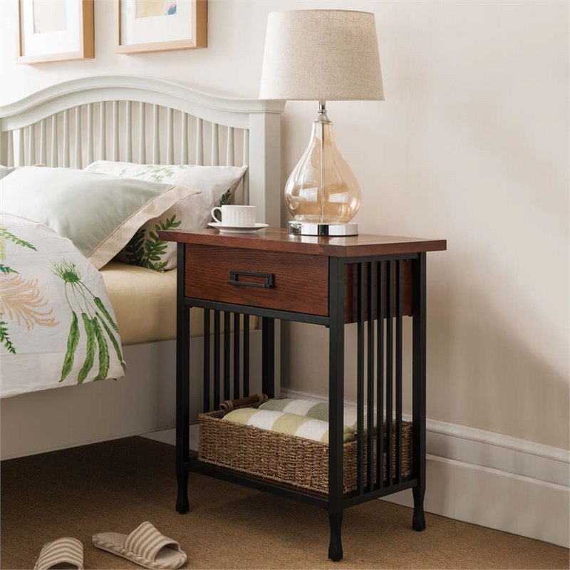 Home Square 2-Piece Solid Wood 1-Drawer Nightstand Set in Mission Oak