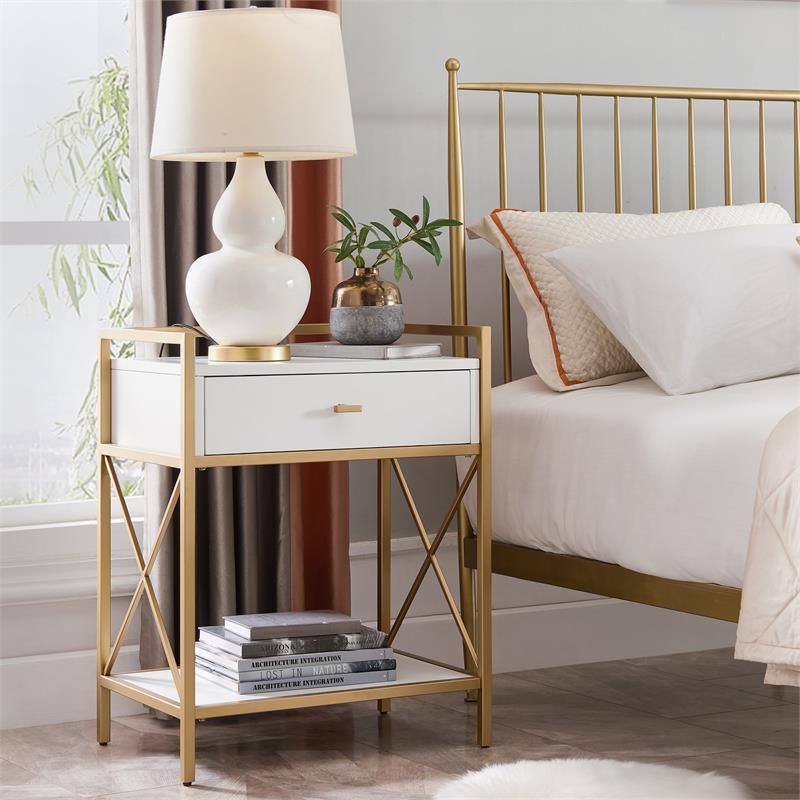 Home Square 2-Piece Nightstand with Top AC/USB Charging Set in White Painted