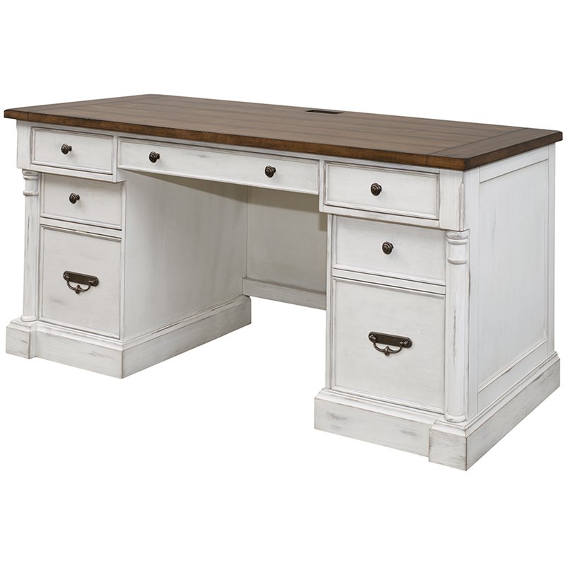 Home Square 2-Piece Set with Computer Desk and Hutch in Weathered White
