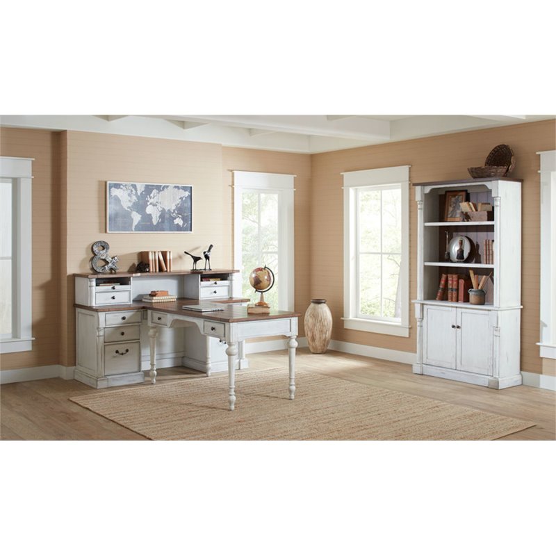 Home Square 2-Piece Set with Computer Desk and Hutch in Weathered White
