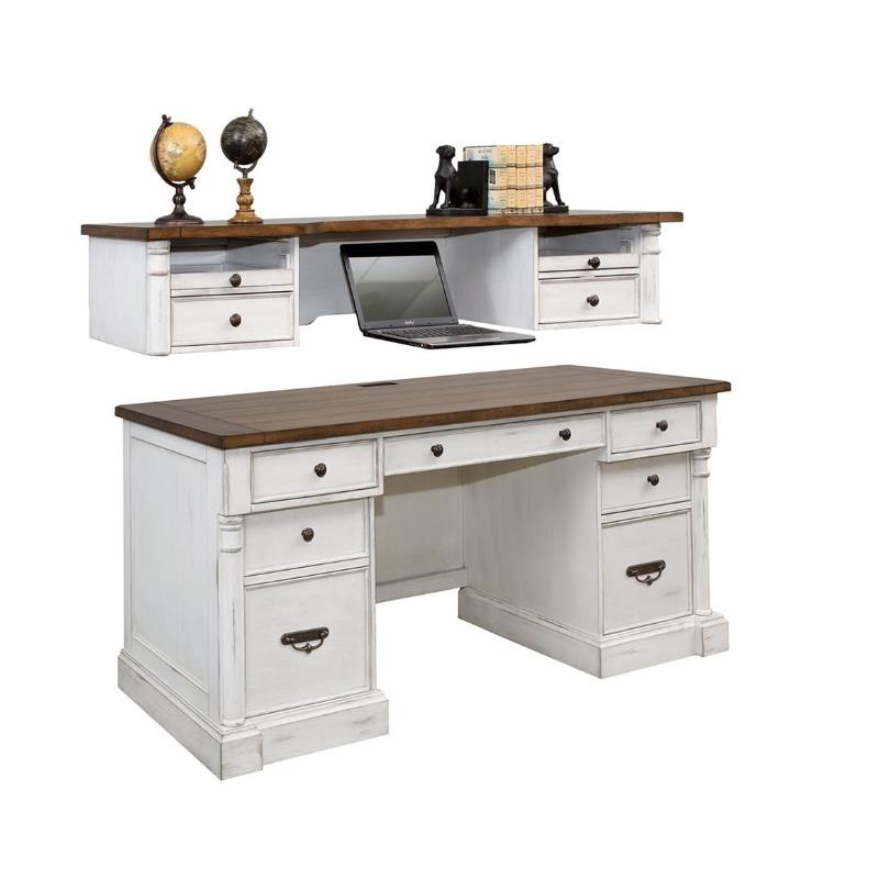 Home Square 2-Piece Set with Computer Desk and Hutch in Weathered White