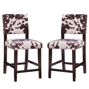 Home Square 2-Piece Furniture 24&quot Wood Cow Print Counter Stool Set in Brown