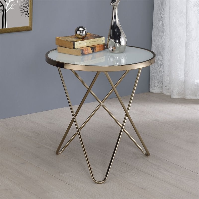 Home Square 2-Piece Furniture End Table Set in Frosted Glass and Champagne