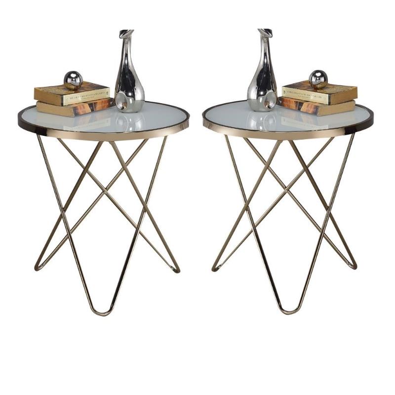 Home Square 2-Piece Furniture End Table Set in Frosted Glass and Champagne