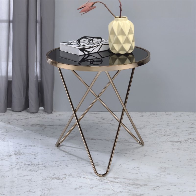 Home Square 2-Piece Furniture End Table Set in Black Glass and Champagne