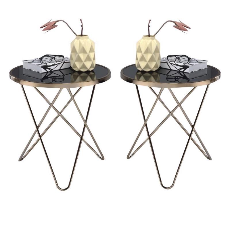 Home Square 2-Piece Furniture End Table Set in Black Glass and Champagne