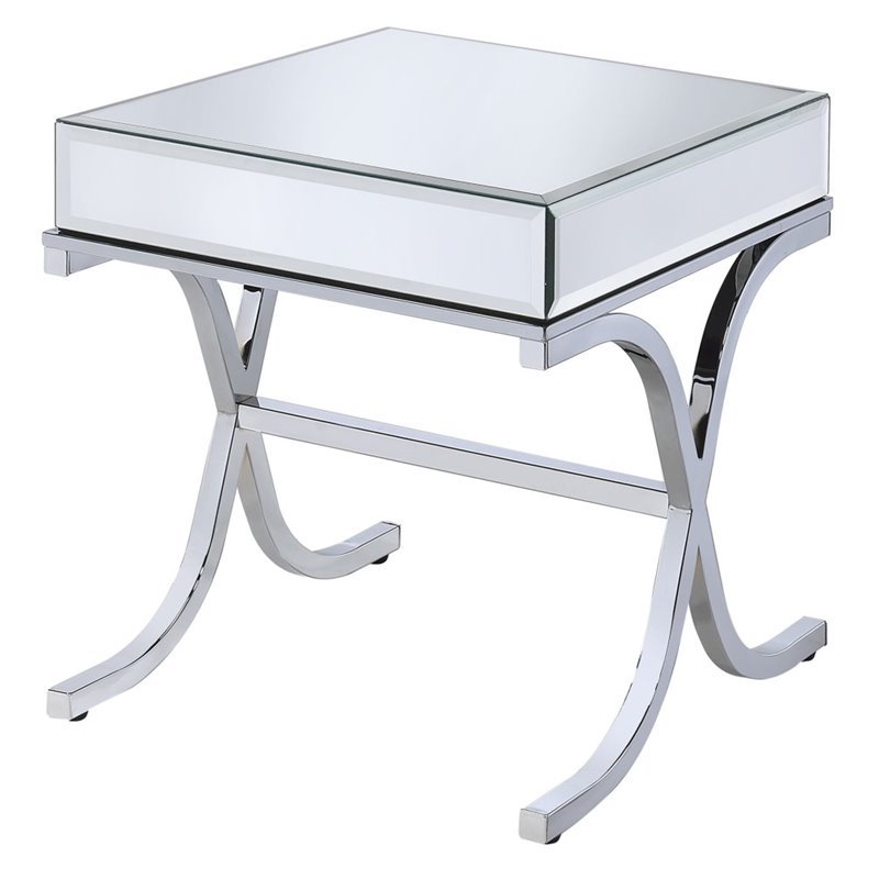 Home Square 2-Piece Furniture Square Mirror Top End Table Set in Chrome