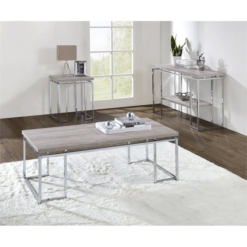 Home Square 2-Piece Furniture End Table Set in Natural Oak & Chrome