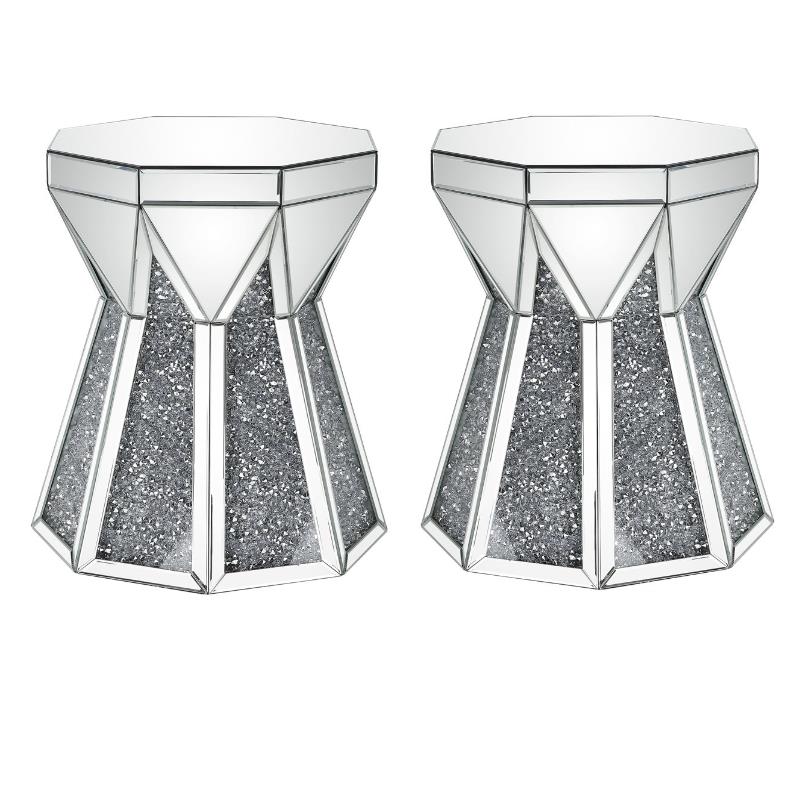 Home Square 2-Piece Furniture End Table Set in Mirrored & Faux Diamonds