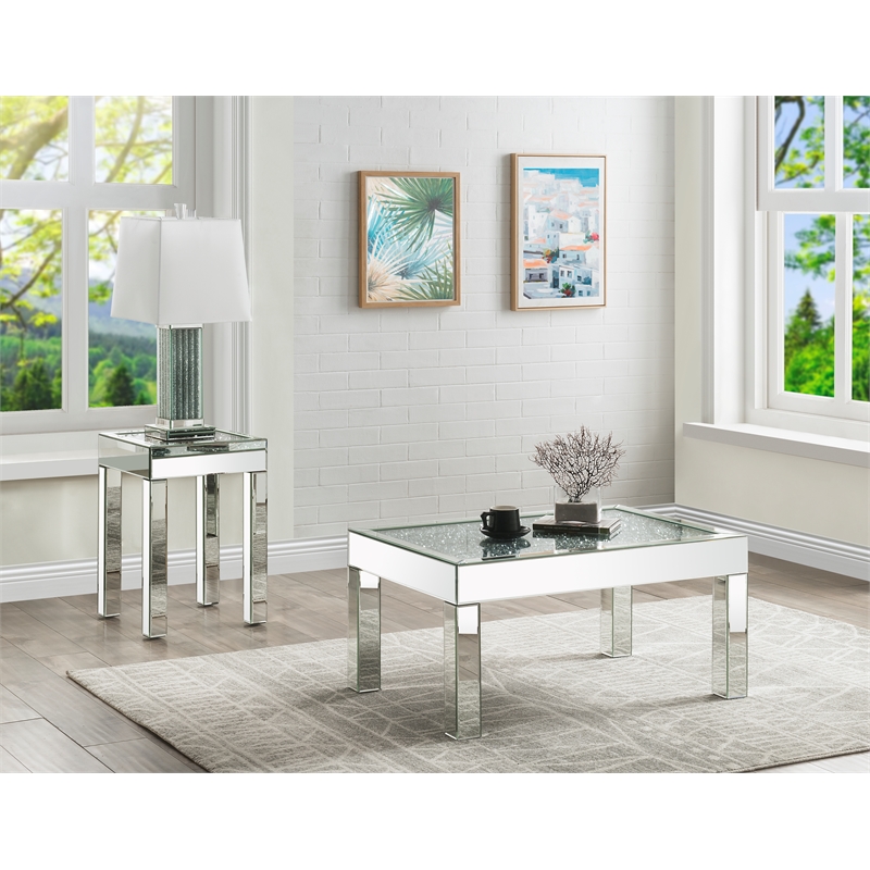 Home Square 2-Piece Furniture Square End Table Set in Mirrored & Faux Diamonds