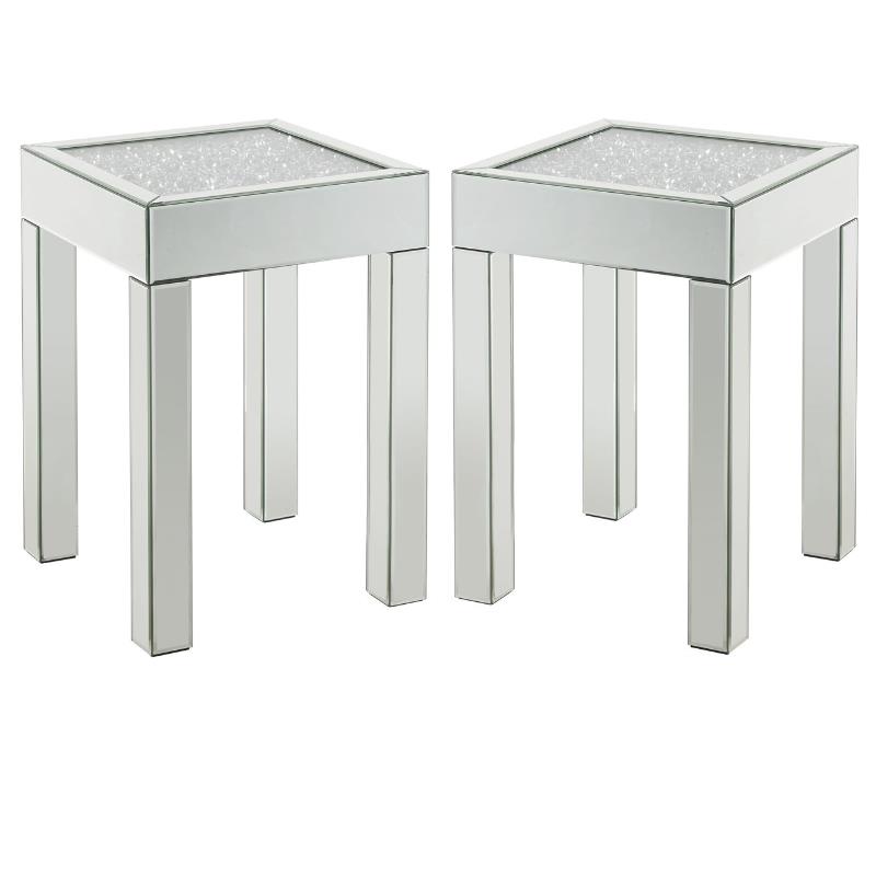 Home Square 2-Piece Furniture Square End Table Set in Mirrored & Faux Diamonds