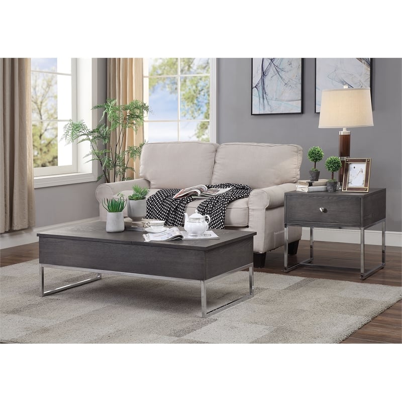 Home Square 2-Piece Furniture Round End Table Set in Gray Oak and Chrome