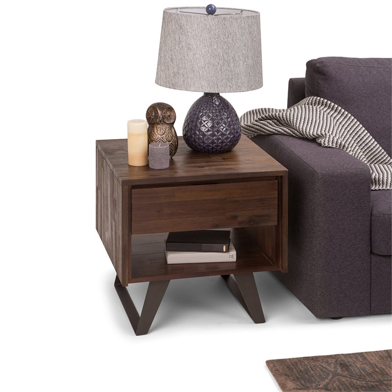 Home Square 2-Piece 1-Drawer End Table Set in Distressed Charcoal Brown