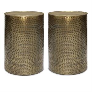 Home Square 2-Piece 16&quot Metal Side Table Set in Hammered Antique Gold