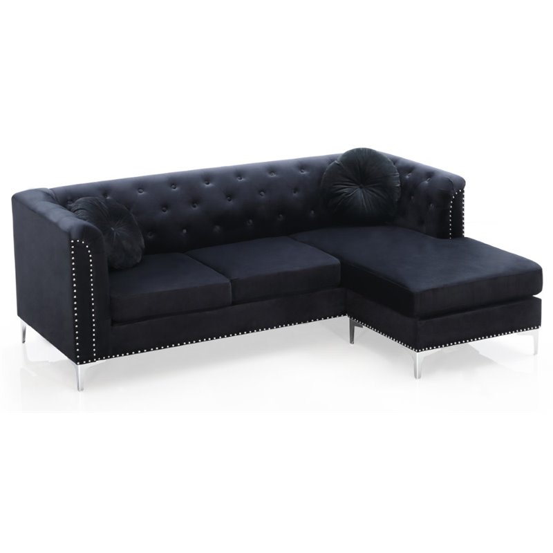 Home Square 2-Piece Set with Velvet Sofa Chaise and Loveseat in Black
