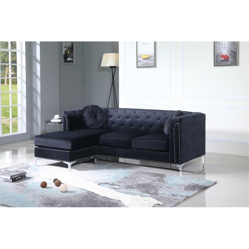 Home Square 2-Piece Set with Velvet Sofa Chaise and Loveseat in Black
