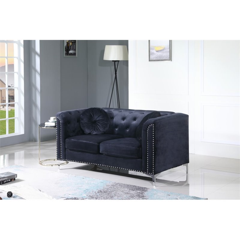 Home Square 2-Piece Set with Velvet Sofa Chaise and Loveseat in Black