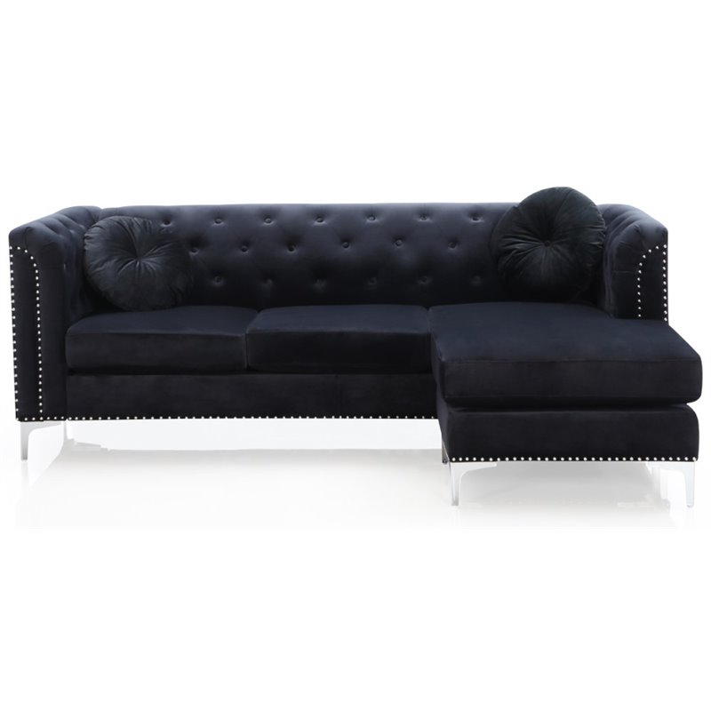 Home Square 2-Piece Set with Velvet Sofa Chaise and Chair in Black