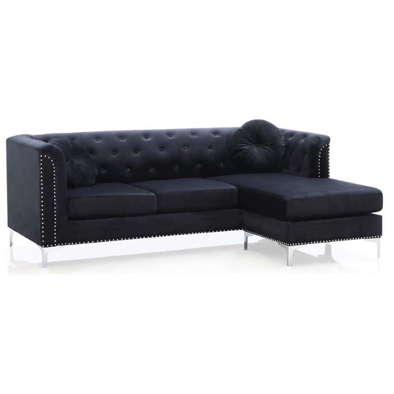 Home Square 2-Piece Set with Velvet Sofa Chaise and Chair in Black