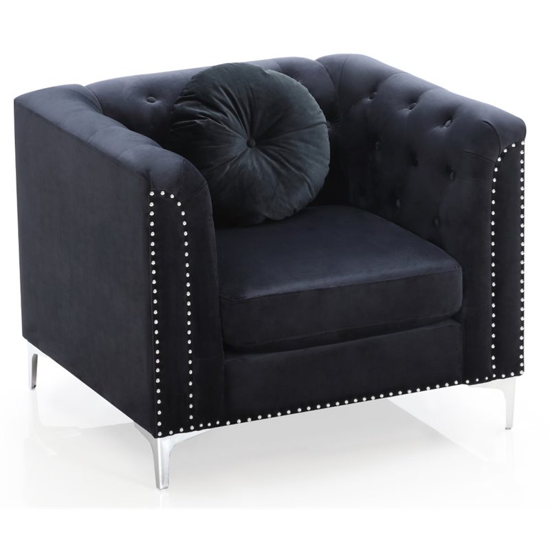 Home Square 2-Piece Set with Velvet Sofa Chaise and Chair in Black