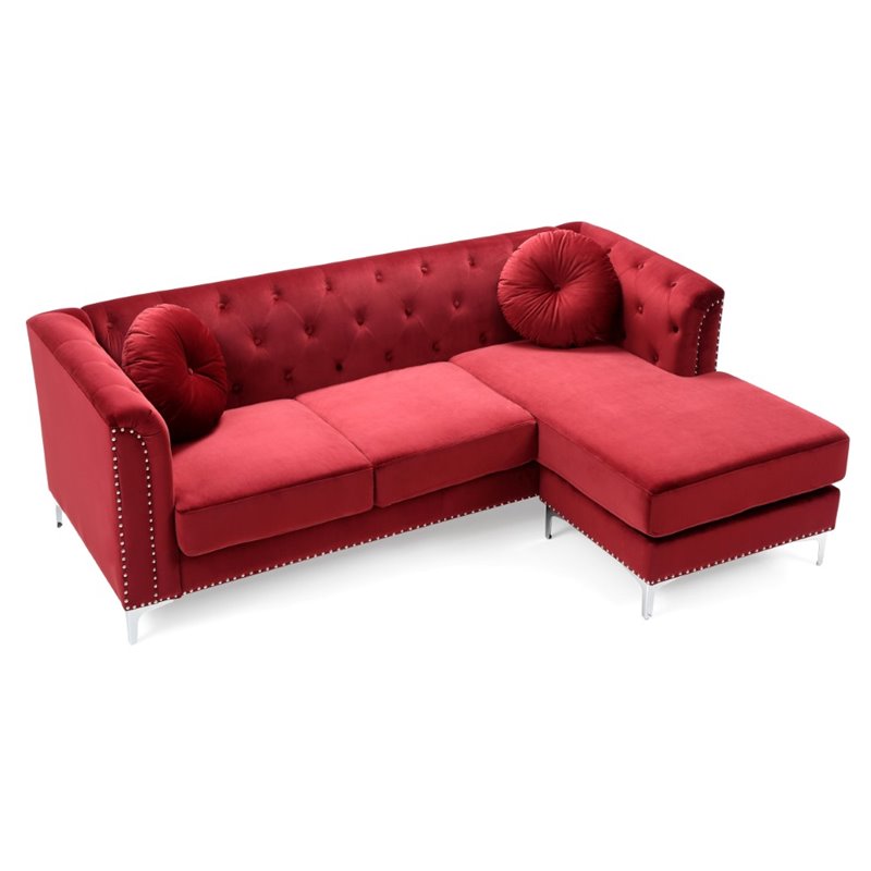 Home Square 2-Piece Set with Velvet Sofa Chaise and Loveseat in Burgundy