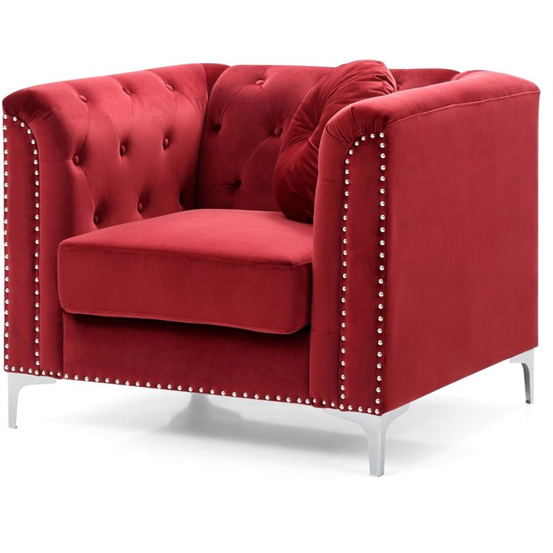 Home Square 2-Piece Set with Velvet Sofa Chaise and Chair in Burgundy