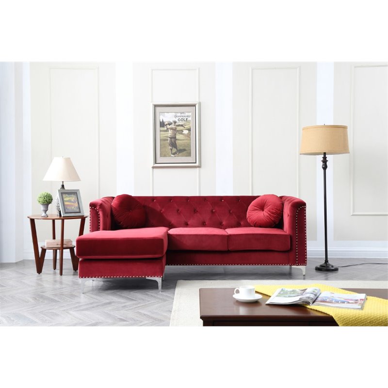 Home Square 2-Piece Set with Velvet Sofa Chaise and Chair in Burgundy