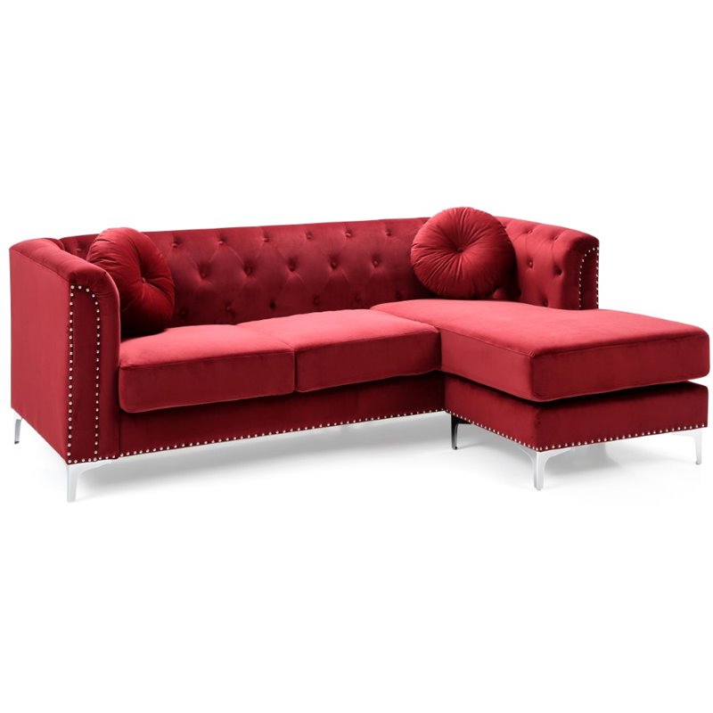 Home Square 2-Piece Set with Velvet Sofa Chaise and Chair in Burgundy