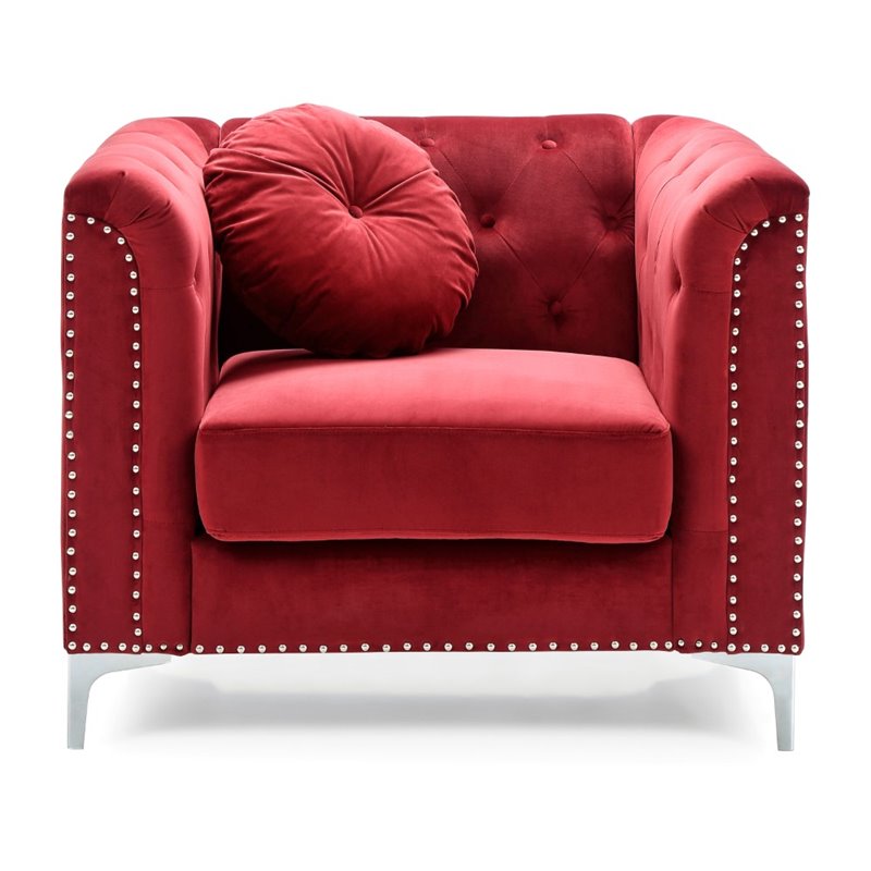 Home Square 2-Piece Set with Velvet Sofa Chaise and Chair in Burgundy
