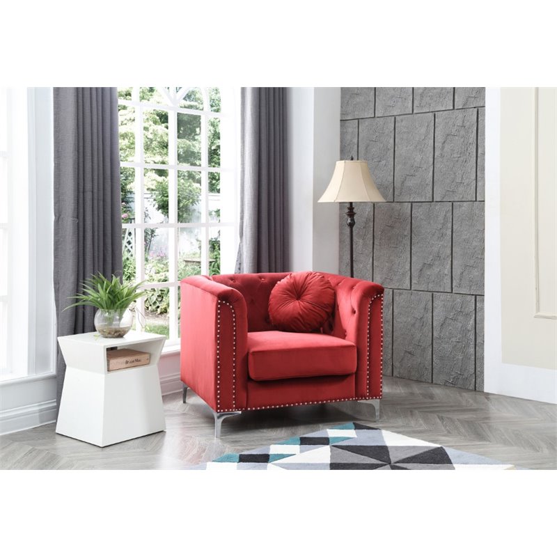 Home Square 2-Piece Set with Velvet Sofa Chaise and Chair in Burgundy