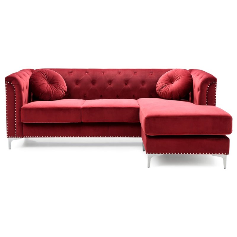 Home Square 2-Piece Set with Velvet Sofa Chaise and Chair in Burgundy