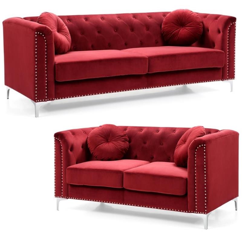Home Square 2-Piece Set with Velvet Sofa and Loveseat in Burgundy