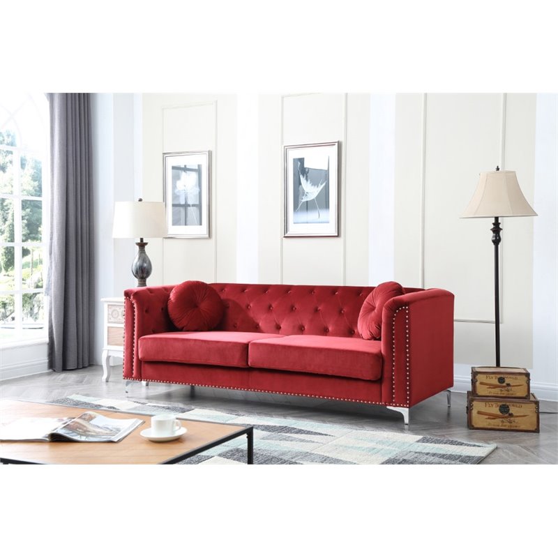 Home Square 2-Piece Set with Velvet Sofa and Chair in Burgundy