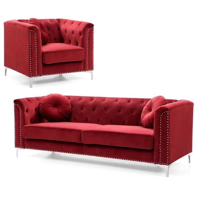 Home Square 2-Piece Set with Velvet Sofa and Chair in Burgundy