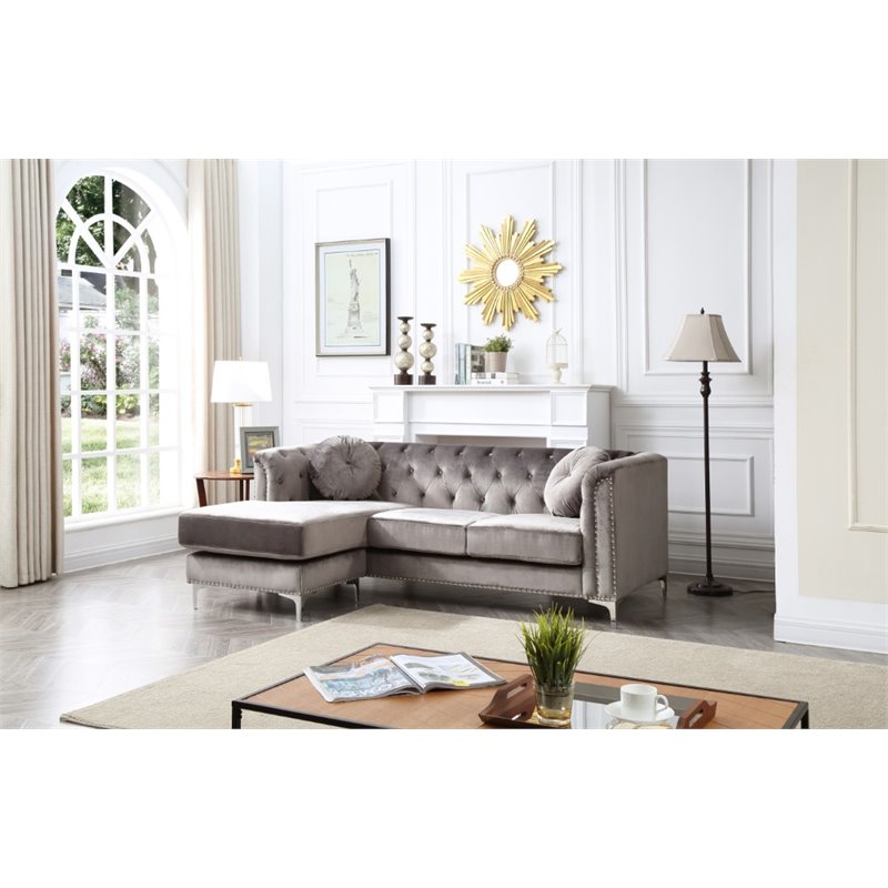 Home Square 2-Piece Set with Velvet Sofa Chaise and Loveseat in Dark Gray