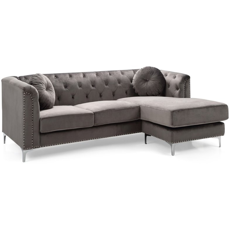 Home Square 2-Piece Set with Velvet Sofa Chaise and Chair in Dark Gray