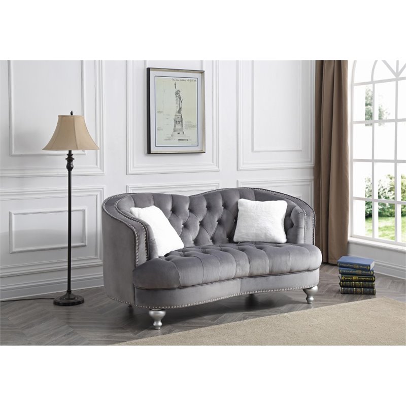 Home Square 2-Piece Set with Velvet Loveseat and Sofa in Gray